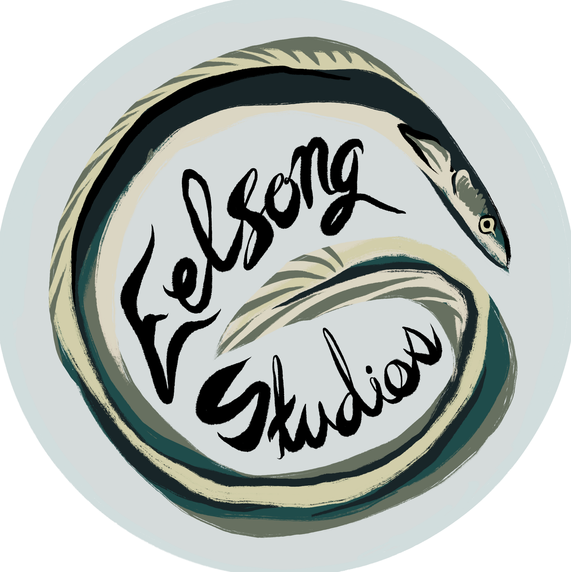 Eelsong Studios Logo: a stylized eel with a dark blue and green body, light yellow dorsal fin, face, and tail, curled in a circle around black script text reading Eelsong Studios.
