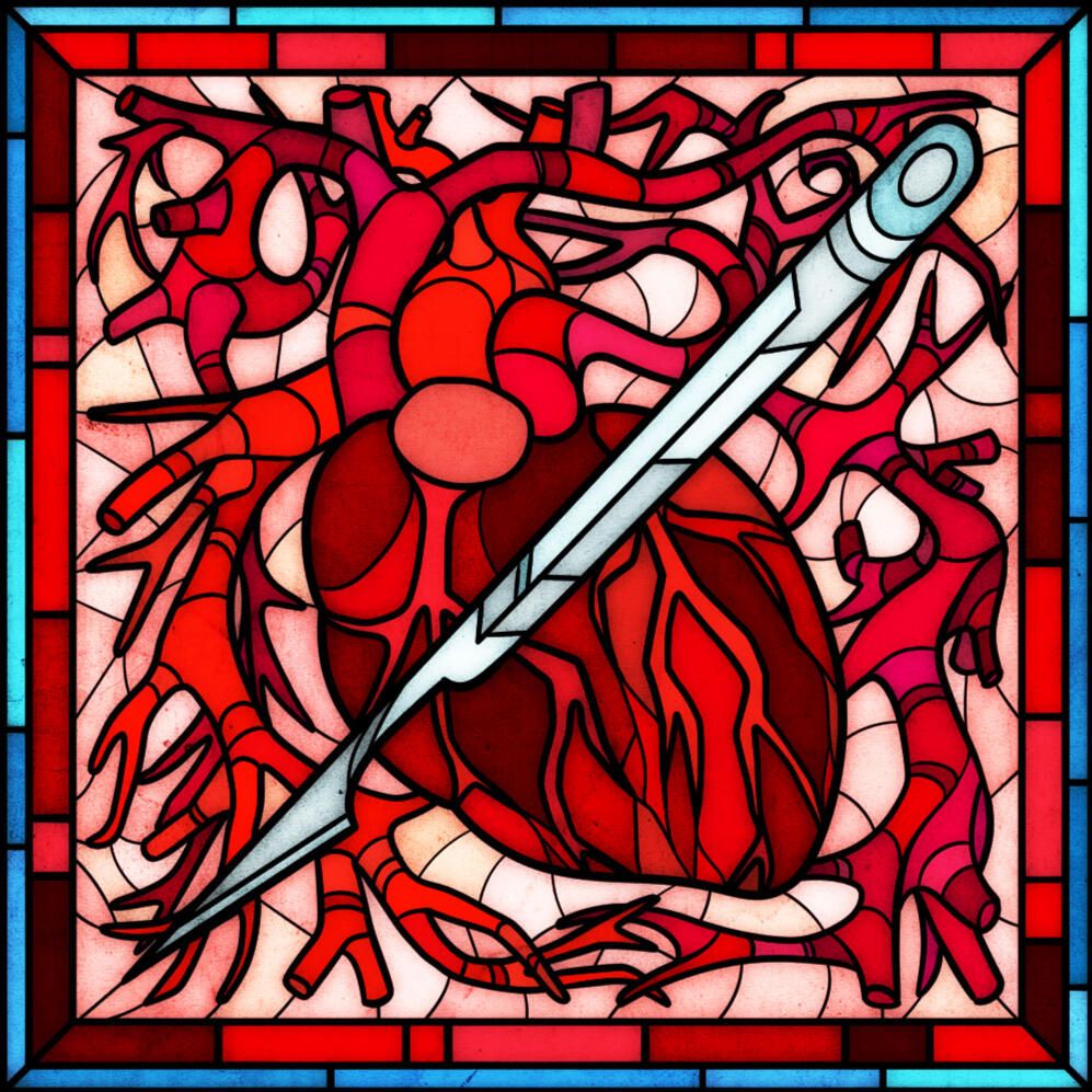 Gospel of Haven Logo: A stained glass icon of a red heart on a pink field with a silver scalpel crossing the image